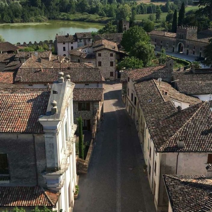 Aerial view of Castellaro Lagusello, a picturesque medieval village to visit near Lake Garda.