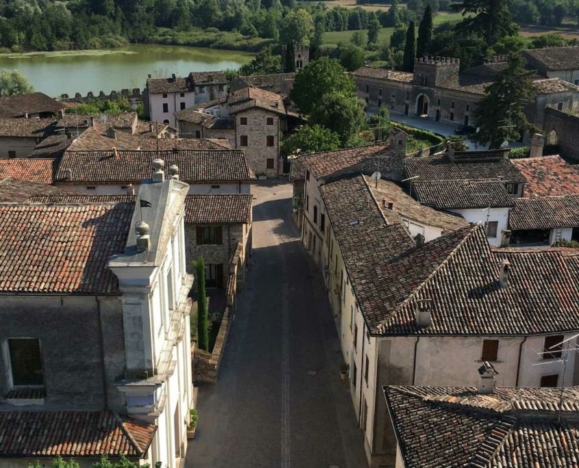 Aerial view of the charming medieval village of Castellaro Lagusello.