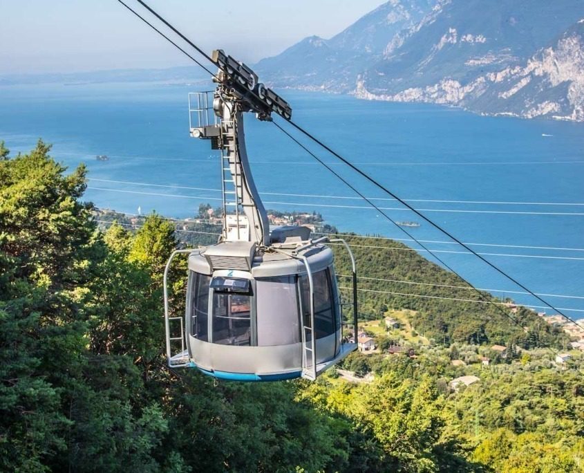 View of the rotating cable car cabin from Monte Baldo, overlooking Lake Garda.