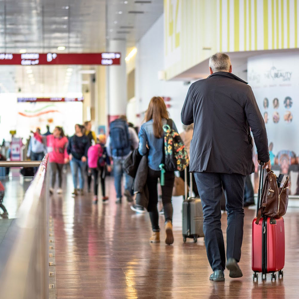 View inside Milano Bergamo Airport, one of the best airports for low-cost flights to Lake Garda.