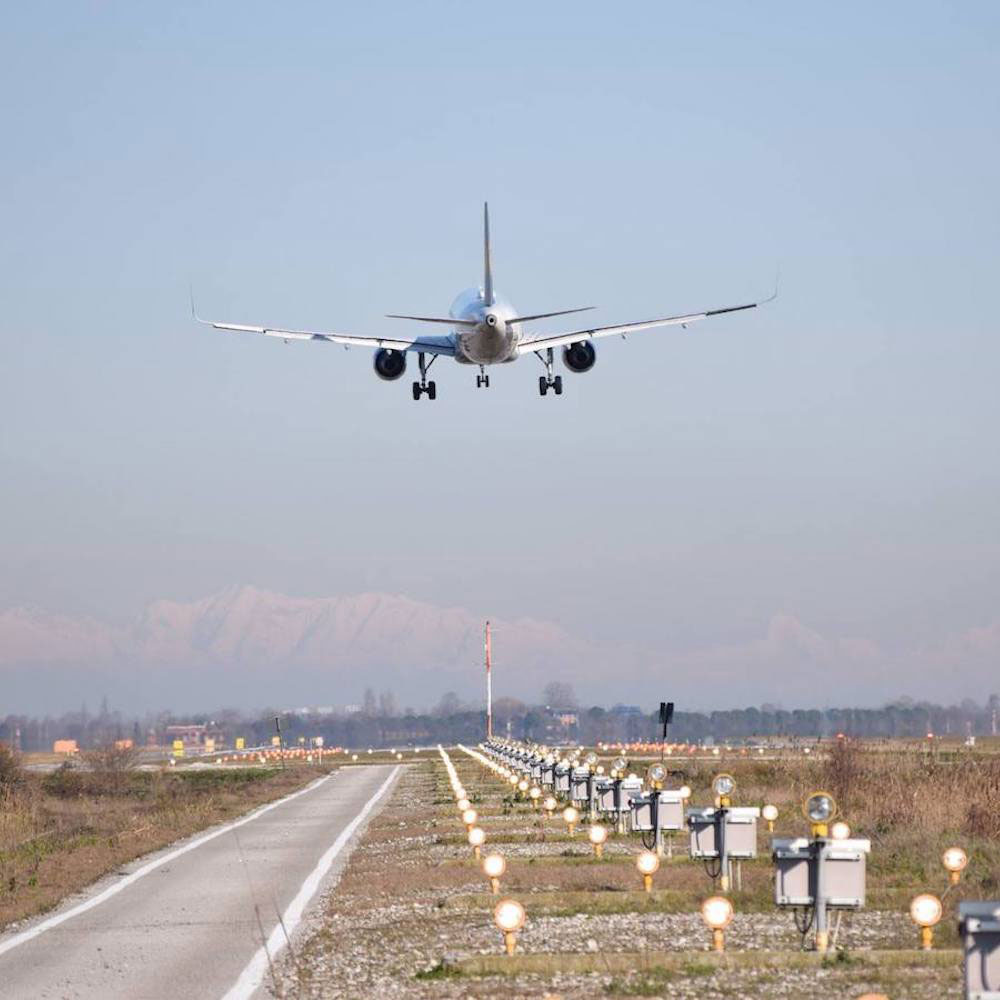 View of the runway at Venice Airport, one of the international airports near Lake Garda.