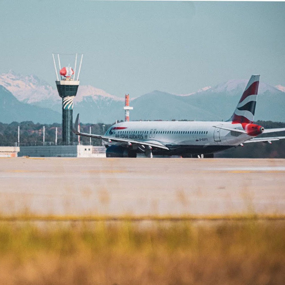 View of the runway at Milano Malpensa Airport, one of the best international airports near Lake Garda.