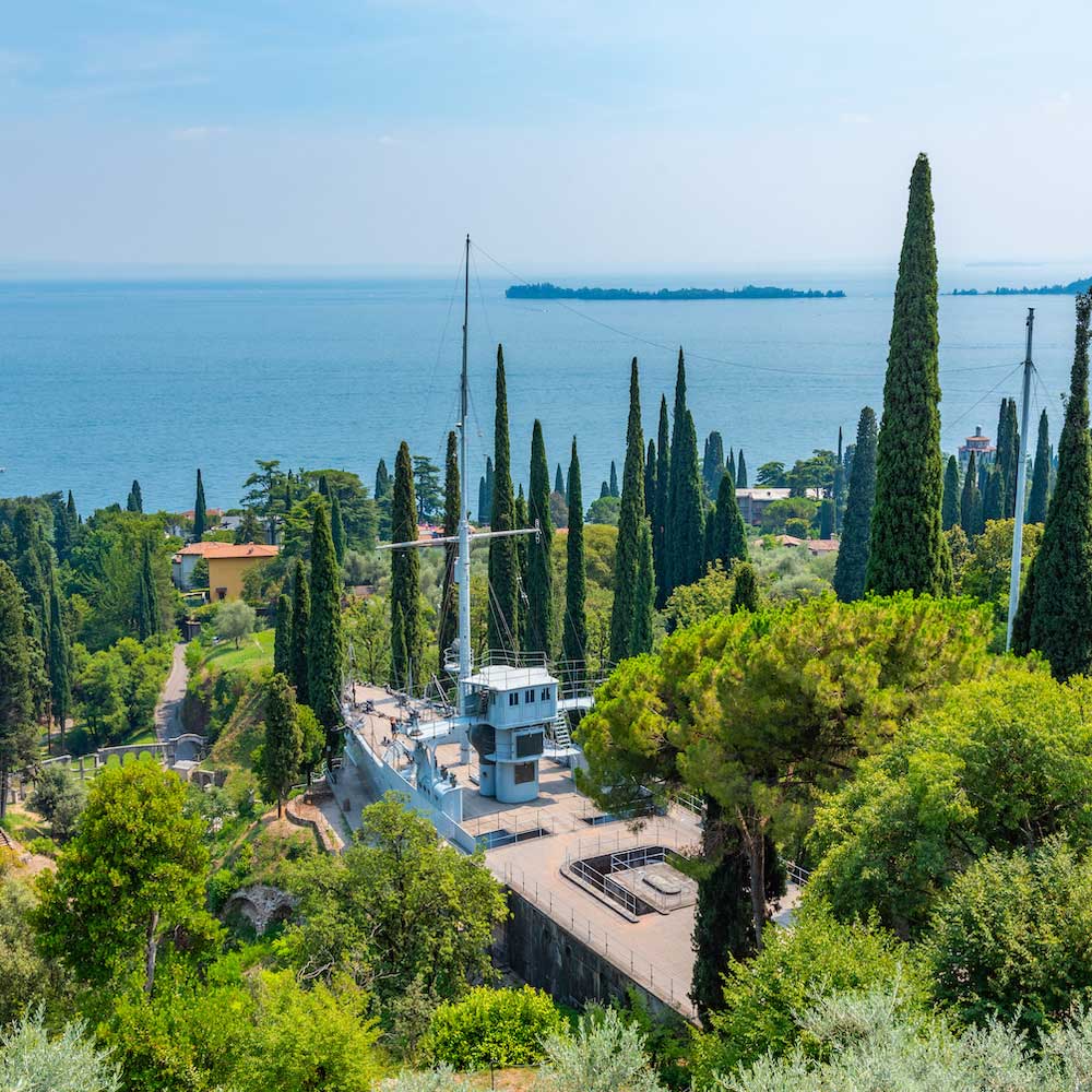 Panoramic view of Lake Garda from the Vittoriale degli Italiani park.