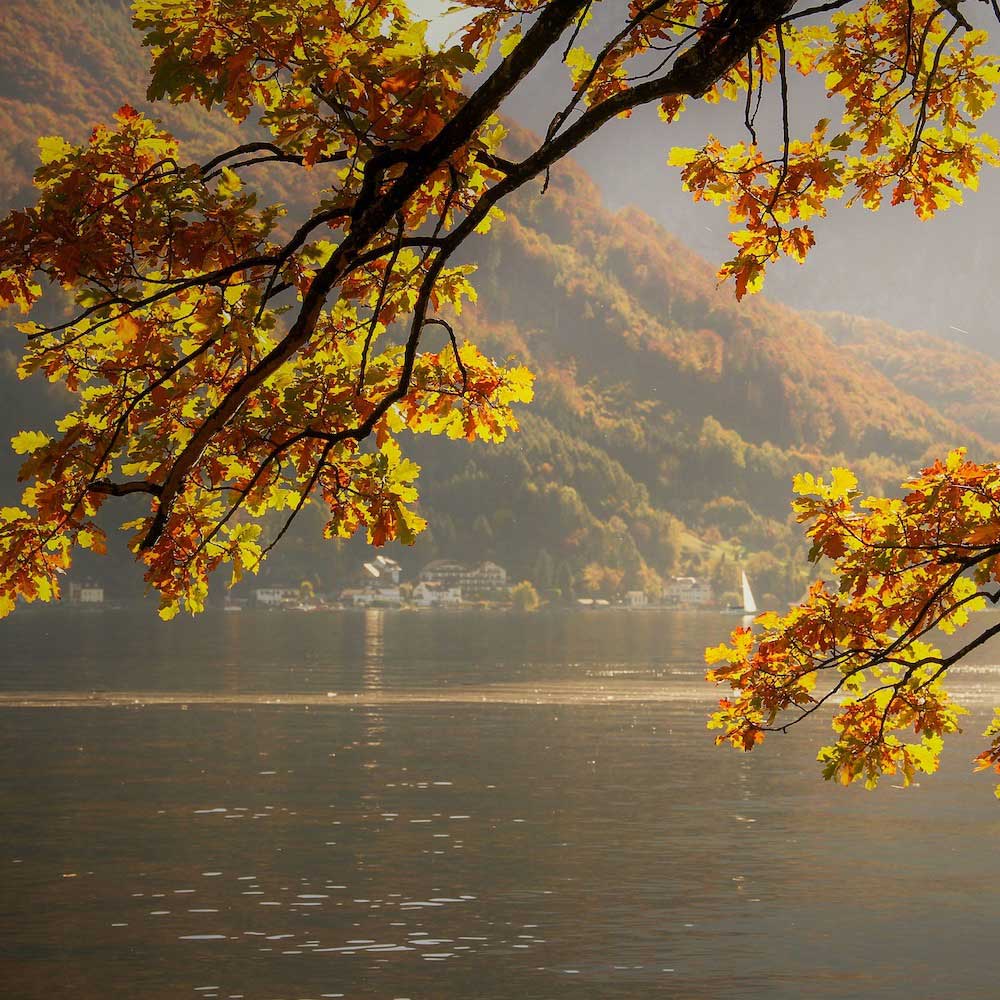 View of Lake Garda with colorful autumn leaves.