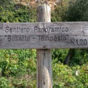 Wooden sign pointing to Busatte Tempesta Panoramic Path, Lake Garda